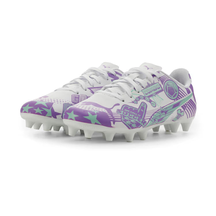 Puma Junior Ultra Christian Pulisic Legacy FG/AG Firm Ground Soccer Cleat - White/Purple Glimmer/Mint Jelly
