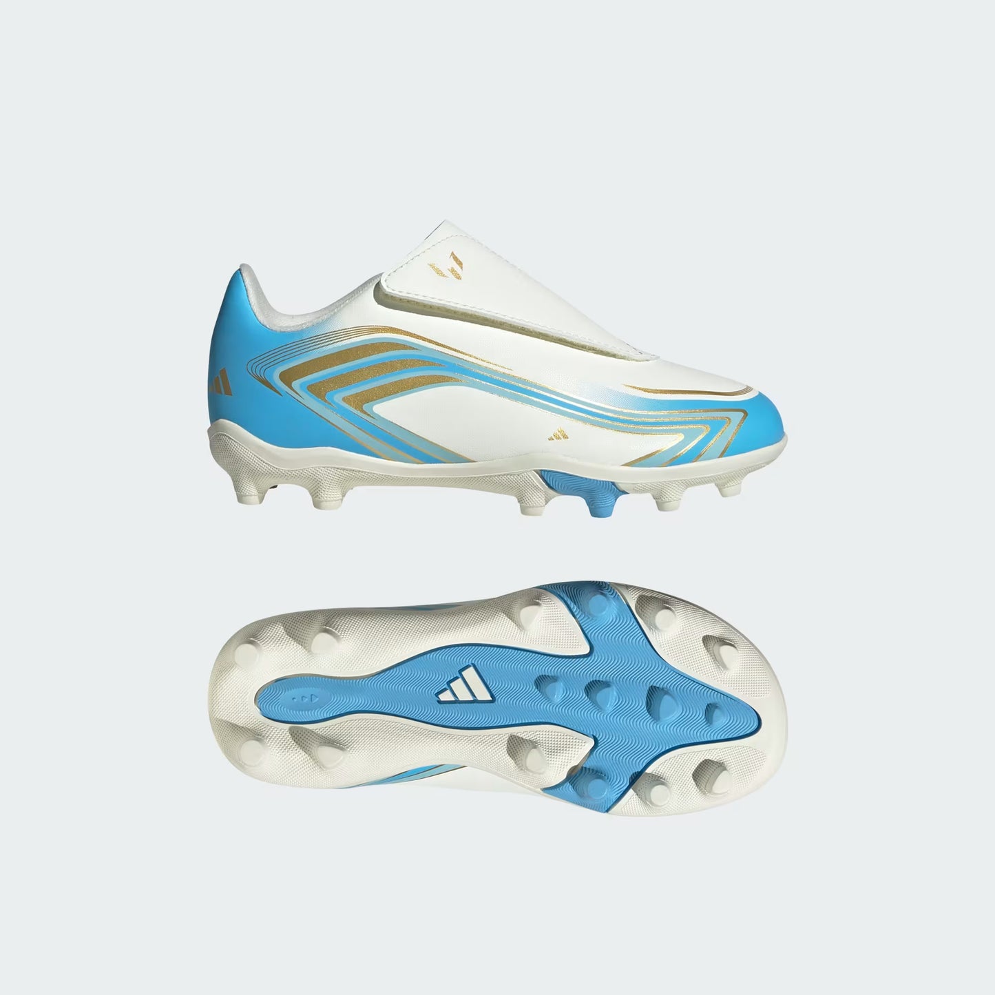 Adidas Junior F50 Messi Club Velcro FG/MG Firm Ground Soccer Cleats - Ivory/Semi Blue Burst/Icey Blue