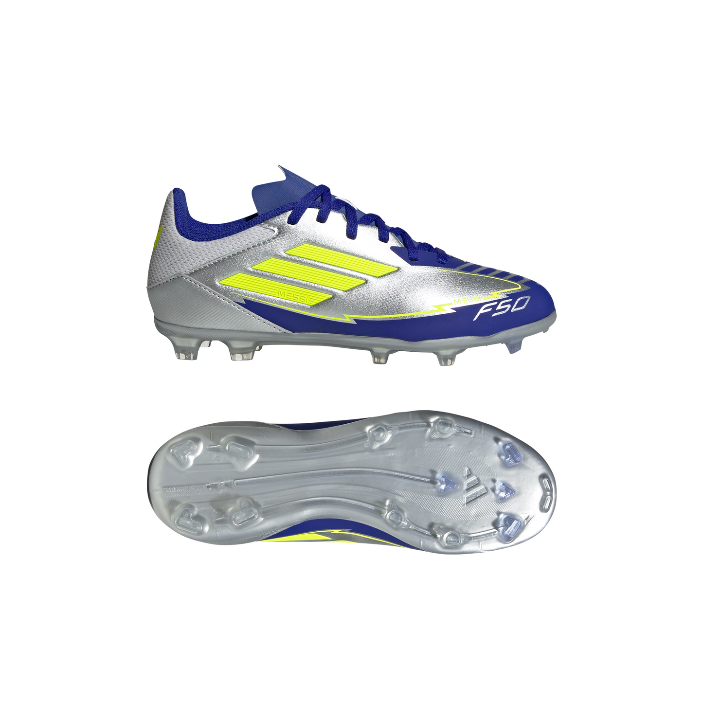 Adidas Junior Messi F50 League FG Firm Ground Soccer Cleat - Silver Metallic/Solar Yellow/Lucid Blue