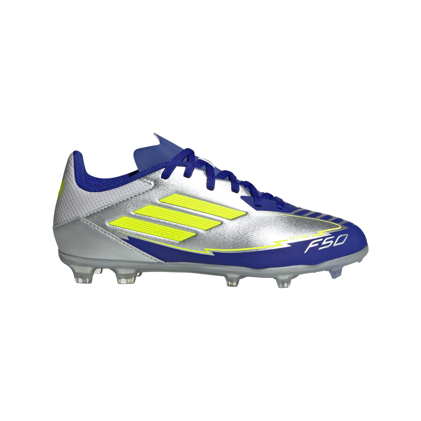 Adidas Junior Messi F50 League FG Firm Ground Soccer Cleat - Silver Metallic/Solar Yellow/Lucid Blue