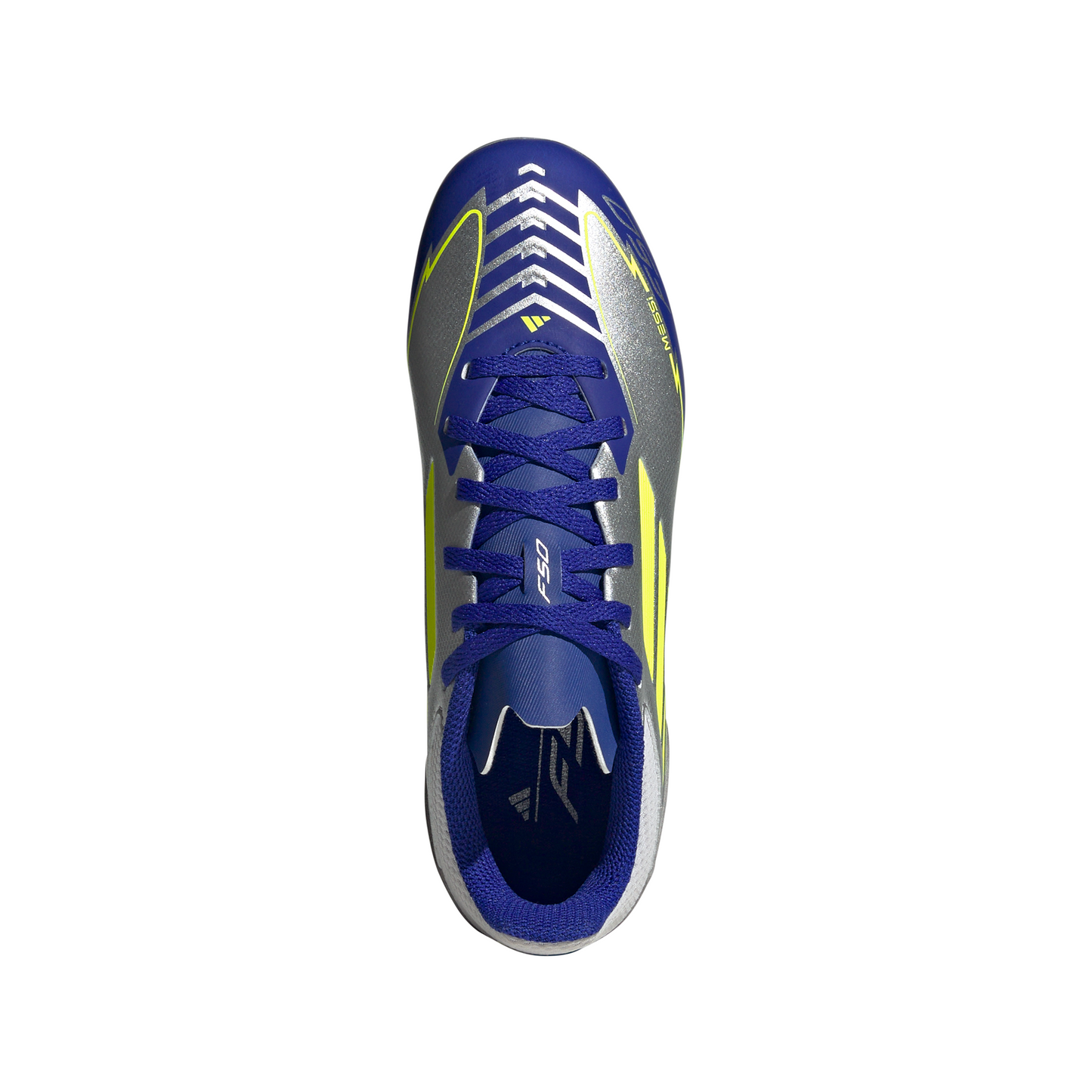 Adidas Junior Messi F50 League FG Firm Ground Soccer Cleat - Silver Metallic/Solar Yellow/Lucid Blue