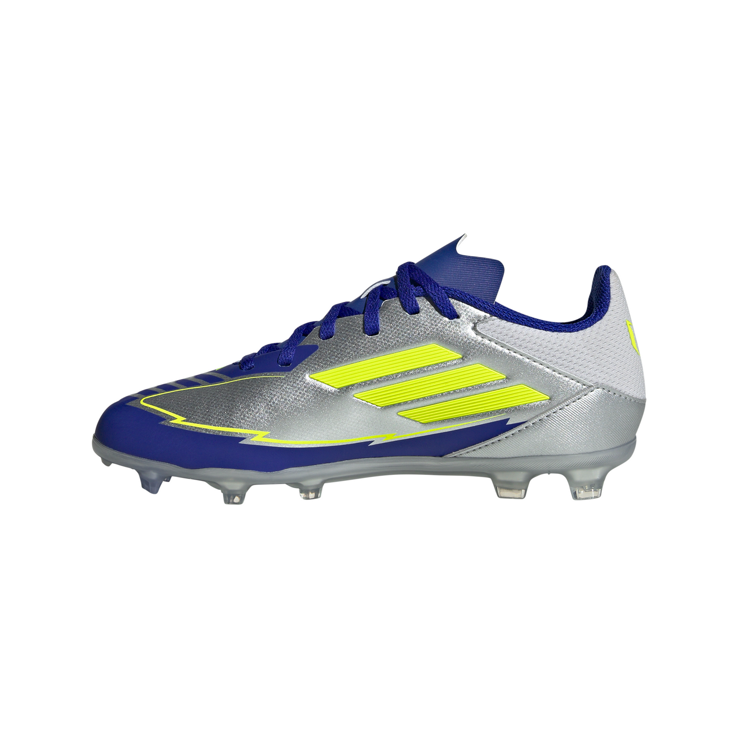 Adidas Junior Messi F50 League FG Firm Ground Soccer Cleat - Silver Metallic/Solar Yellow/Lucid Blue