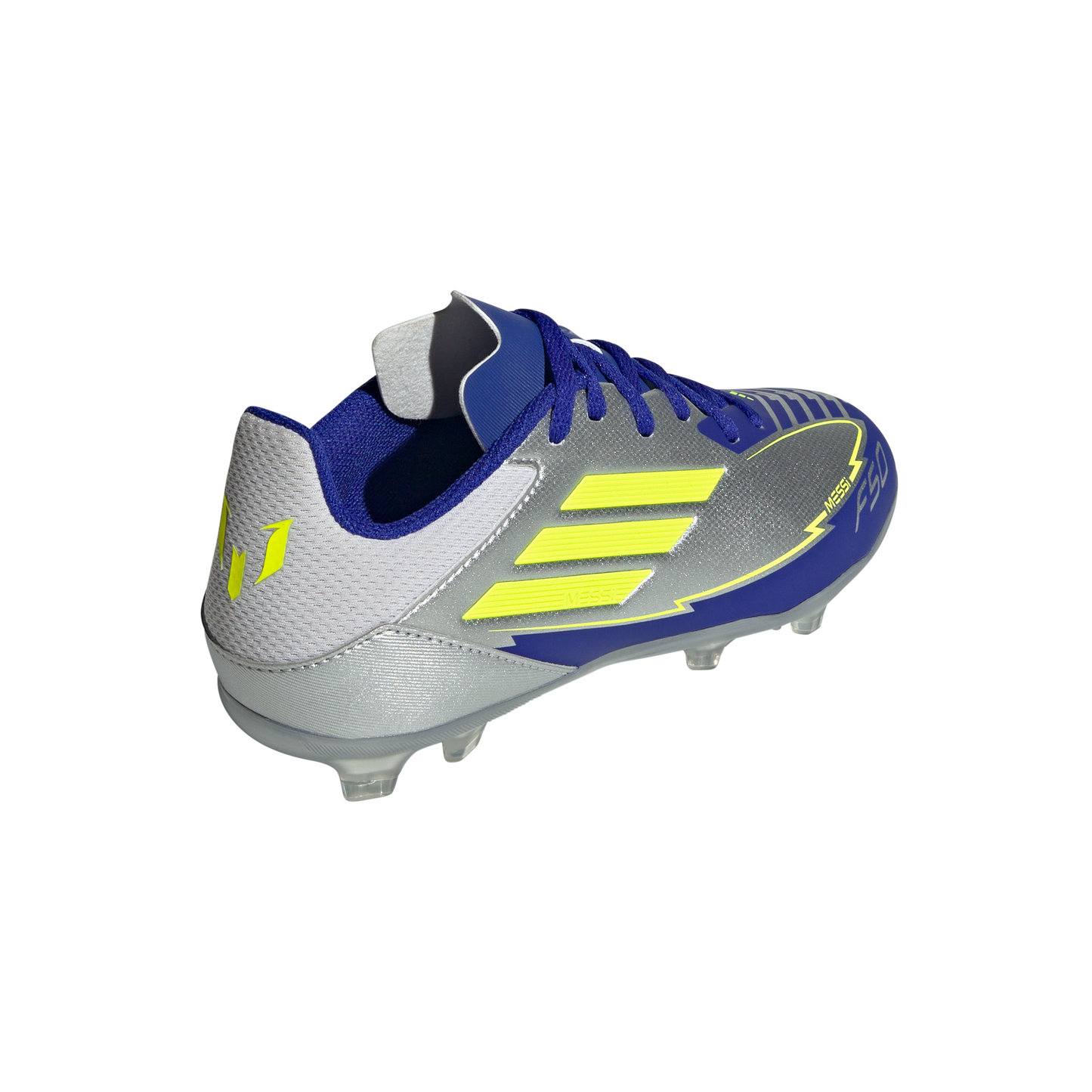 Adidas Junior Messi F50 League FG Firm Ground Soccer Cleat - Silver Metallic/Solar Yellow/Lucid Blue