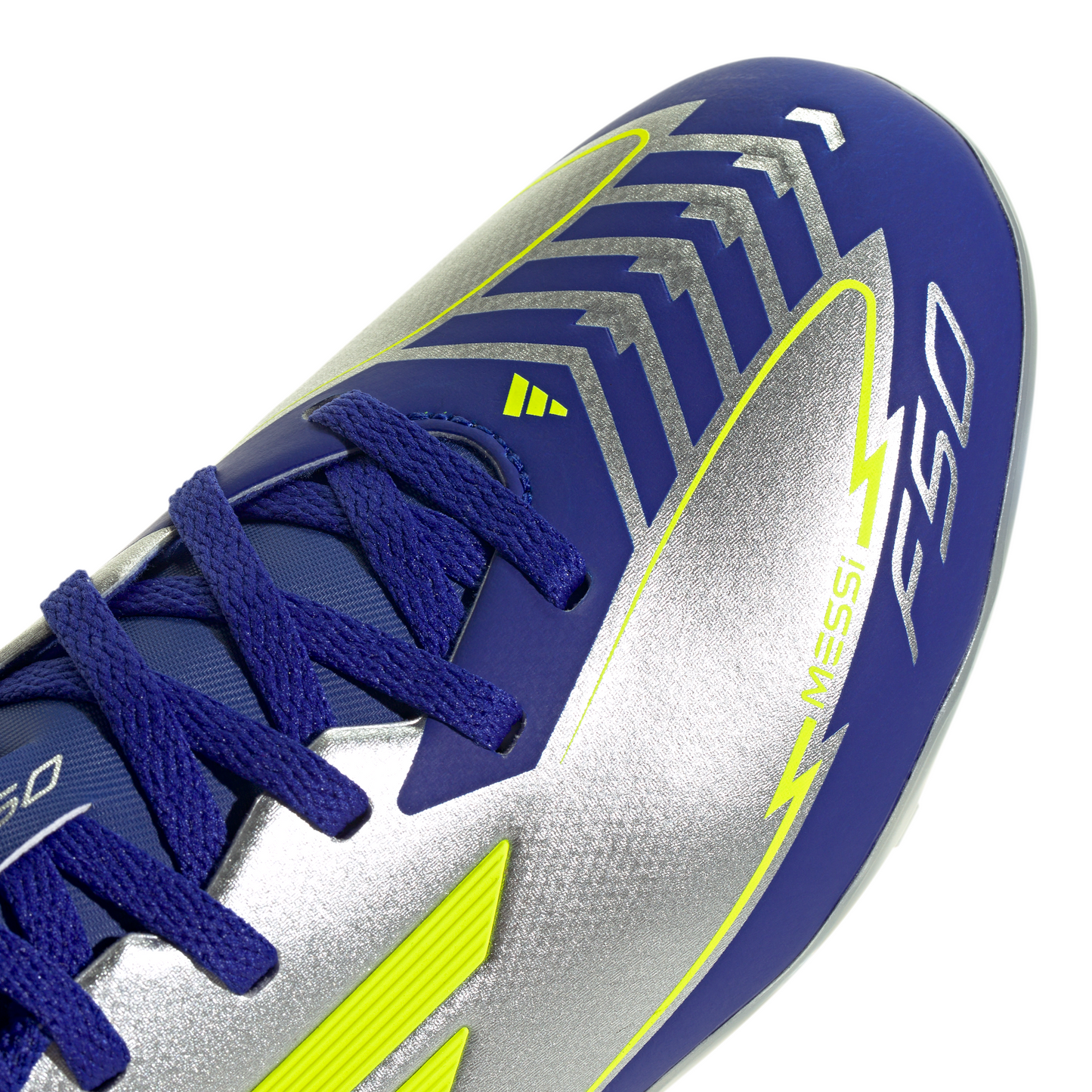 Adidas Junior Messi F50 League FG Firm Ground Soccer Cleat - Silver Metallic/Solar Yellow/Lucid Blue