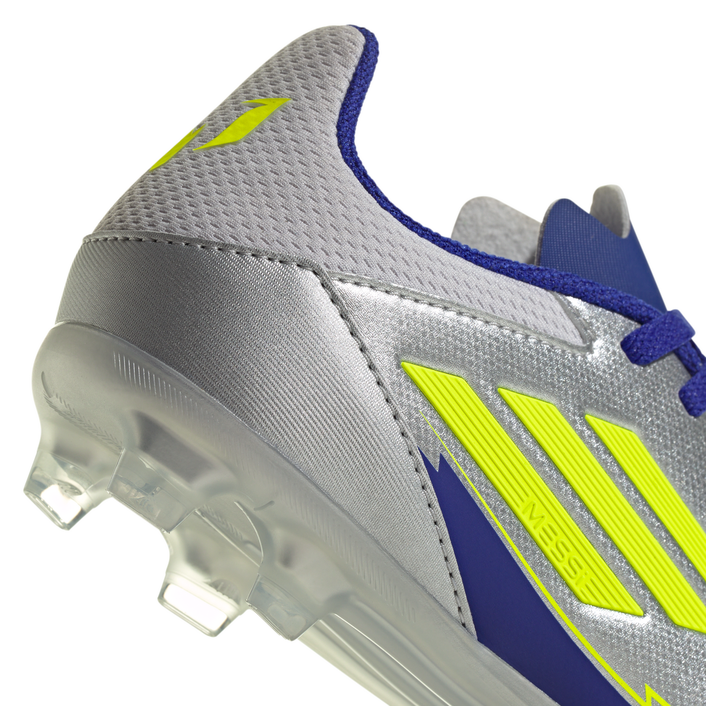 Adidas Junior Messi F50 League FG Firm Ground Soccer Cleat - Silver Metallic/Solar Yellow/Lucid Blue