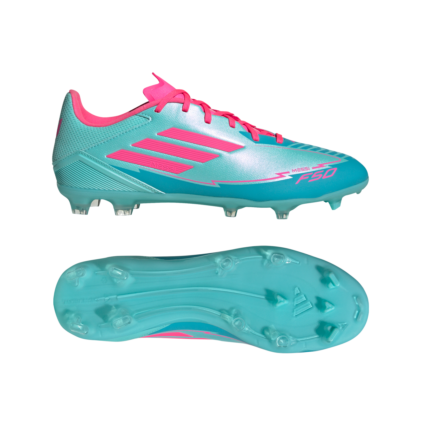 Adidas Messi F50 League FG Firm Ground Soccer Cleat - Flash Aqua/Lucid Pink /Lucid Cyan