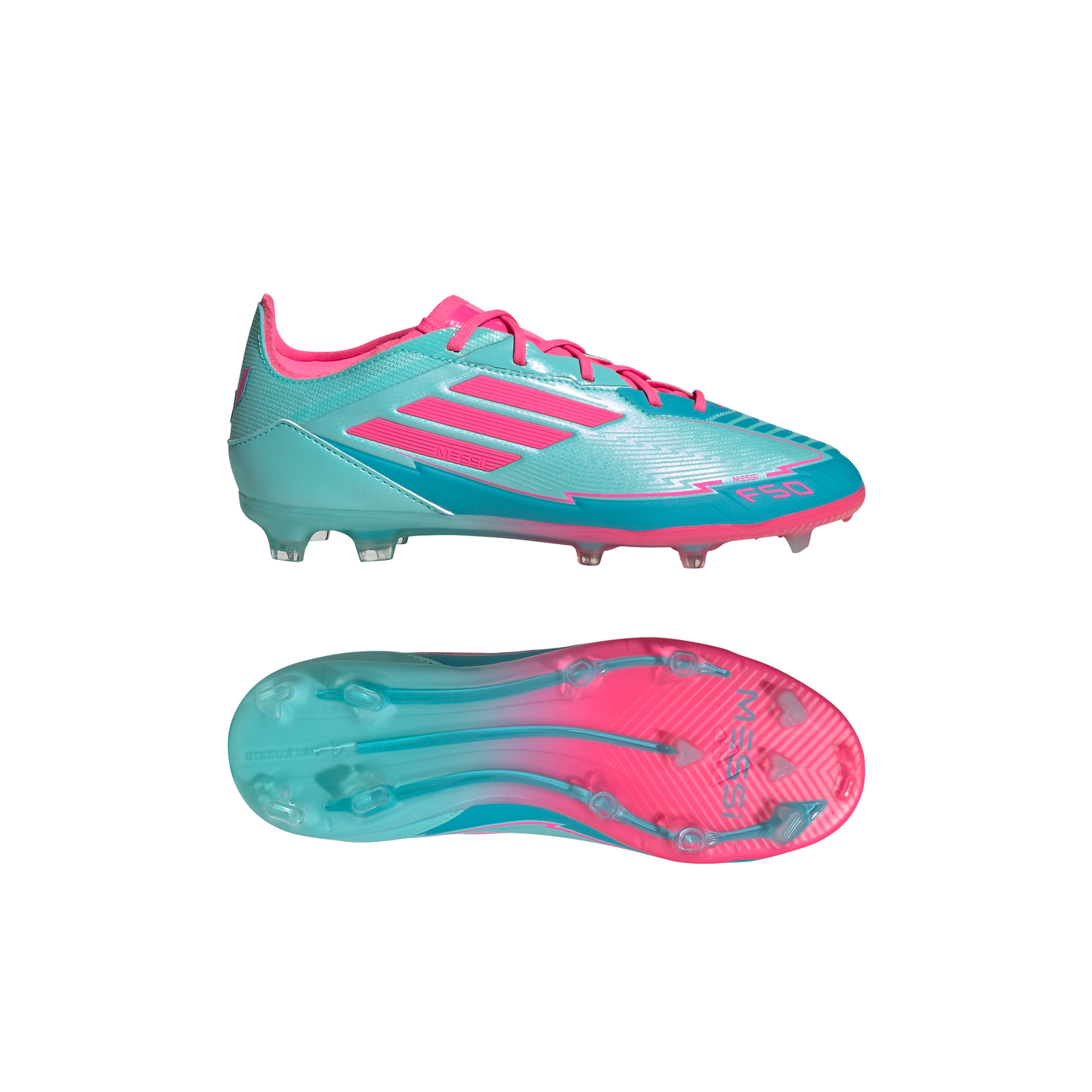 Adidas F50 Elite Messi Junior FG Firm Ground Soccer Cleats- Flash Aqua/Lucid Pink/Lucid Cyan