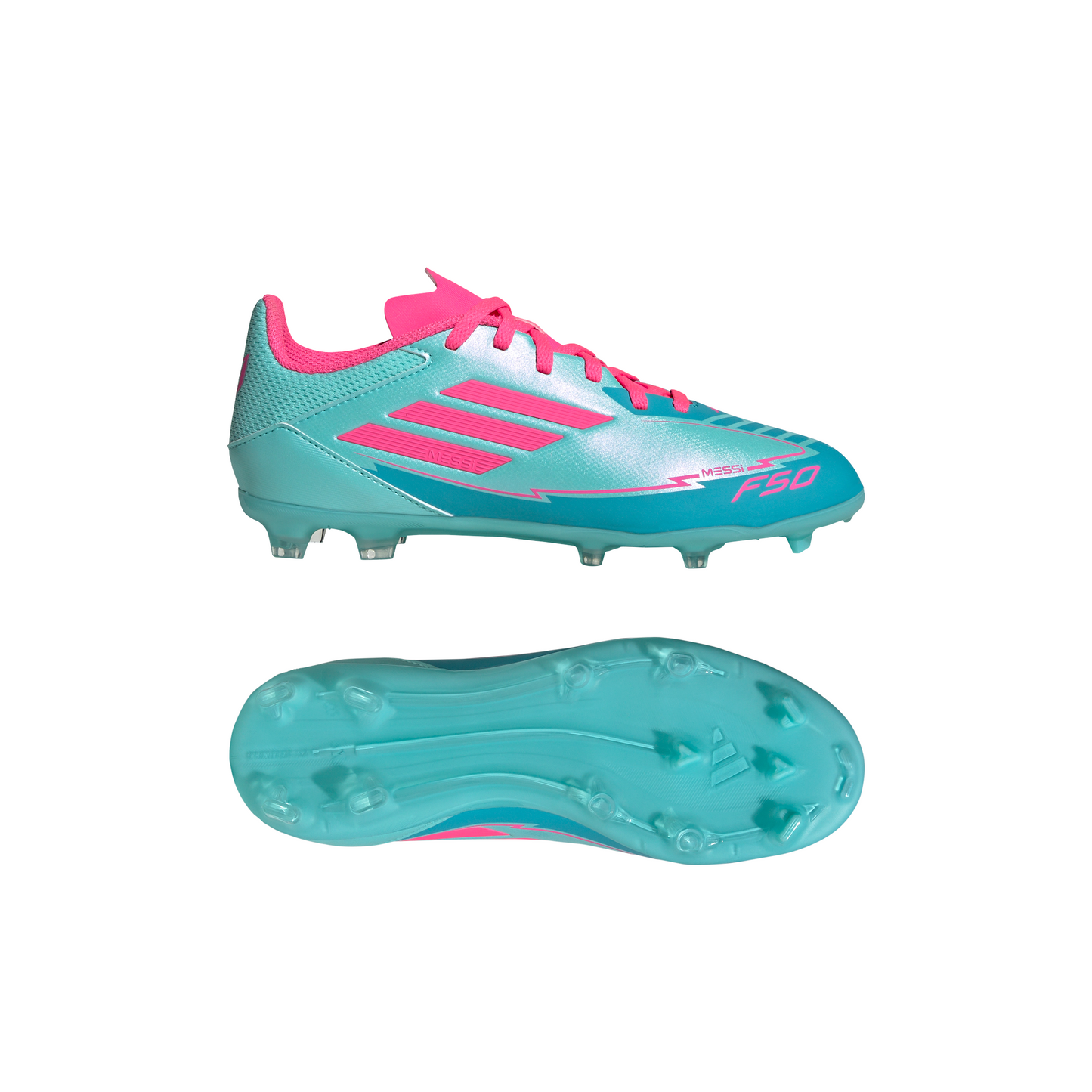 Adidas Junior Messi F50 League FG Firm Ground Soccer Cleat - Flash Aqua/Lucid Pink/Lucid Cyan