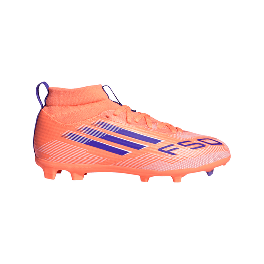 Adidas Junior F50 League Mid FG/AG Firm Ground Soccer Cleat - Beam Orange/Lucid Blue/Cloud White