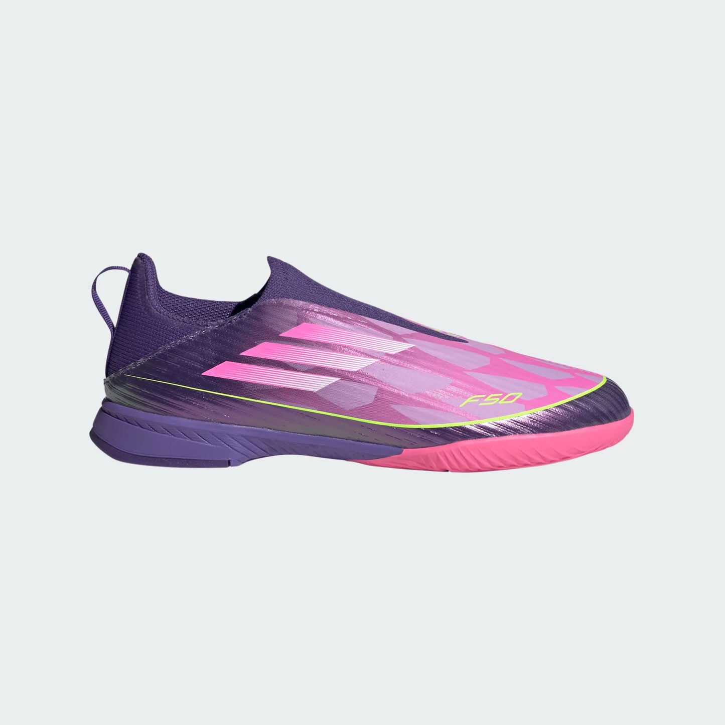 Adidas Junior Lamine Yamal F50 LL Laceless Leagie IN Indoor Soccer Shoe - University Purple/Cloud White/Lucid Lemon