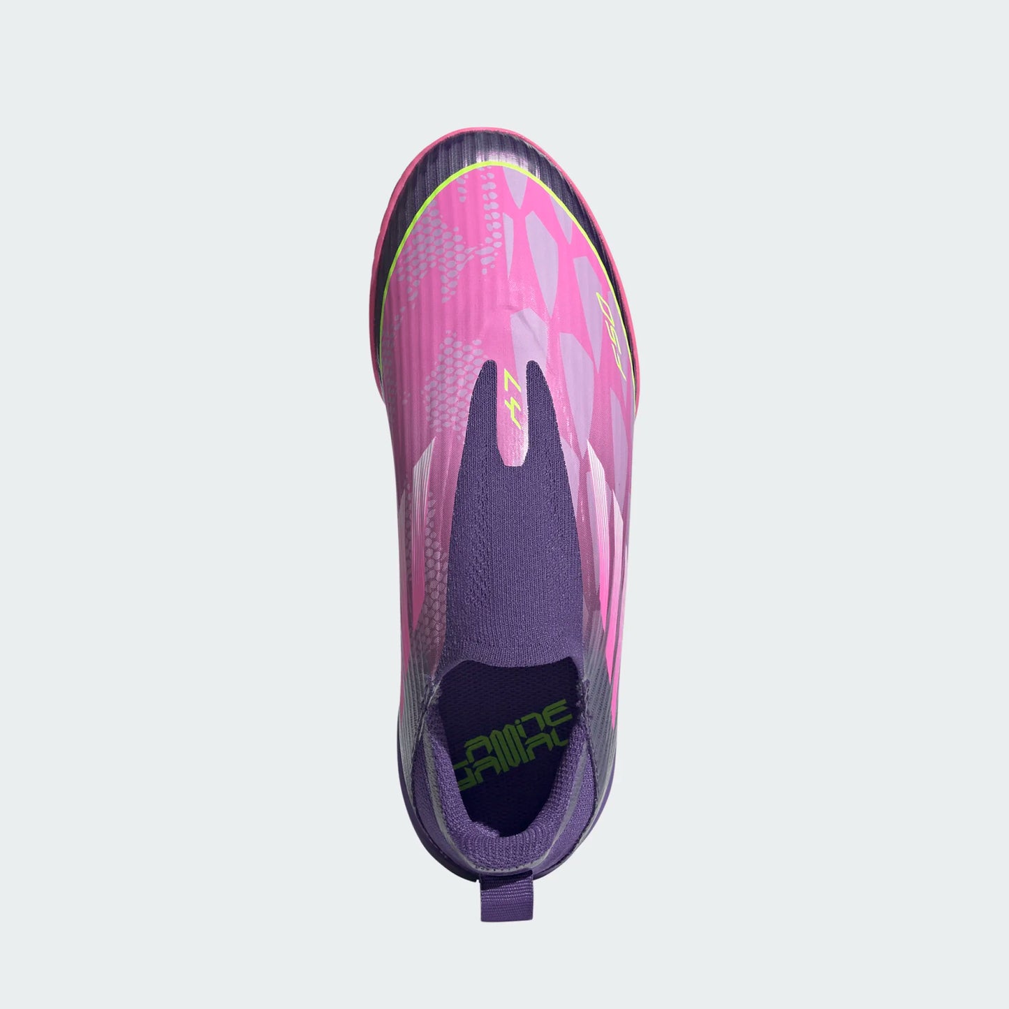 Adidas Junior Lamine Yamal F50 LL Laceless Leagie IN Indoor Soccer Shoe - University Purple/Cloud White/Lucid Lemon