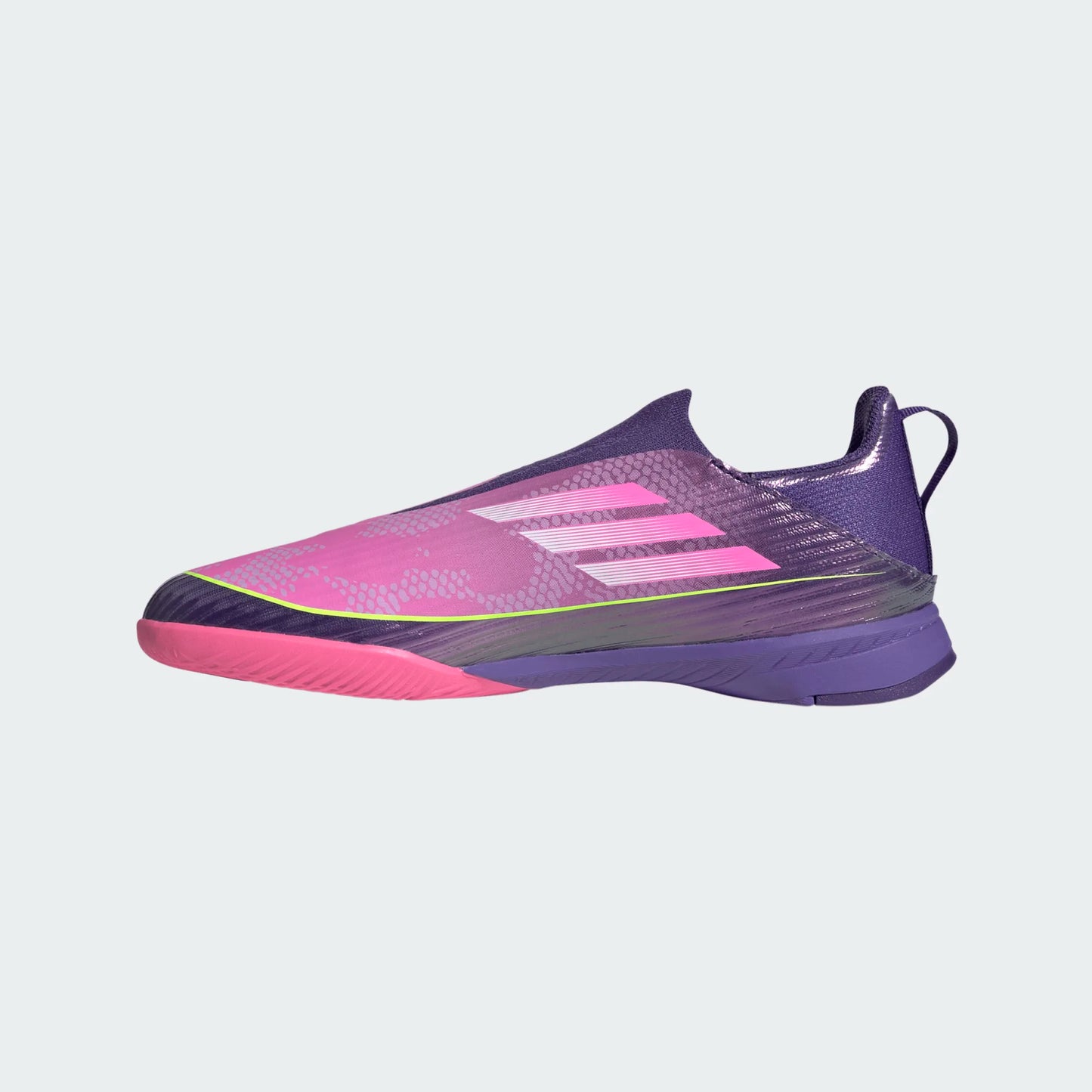 Adidas Junior Lamine Yamal F50 LL Laceless Leagie IN Indoor Soccer Shoe - University Purple/Cloud White/Lucid Lemon