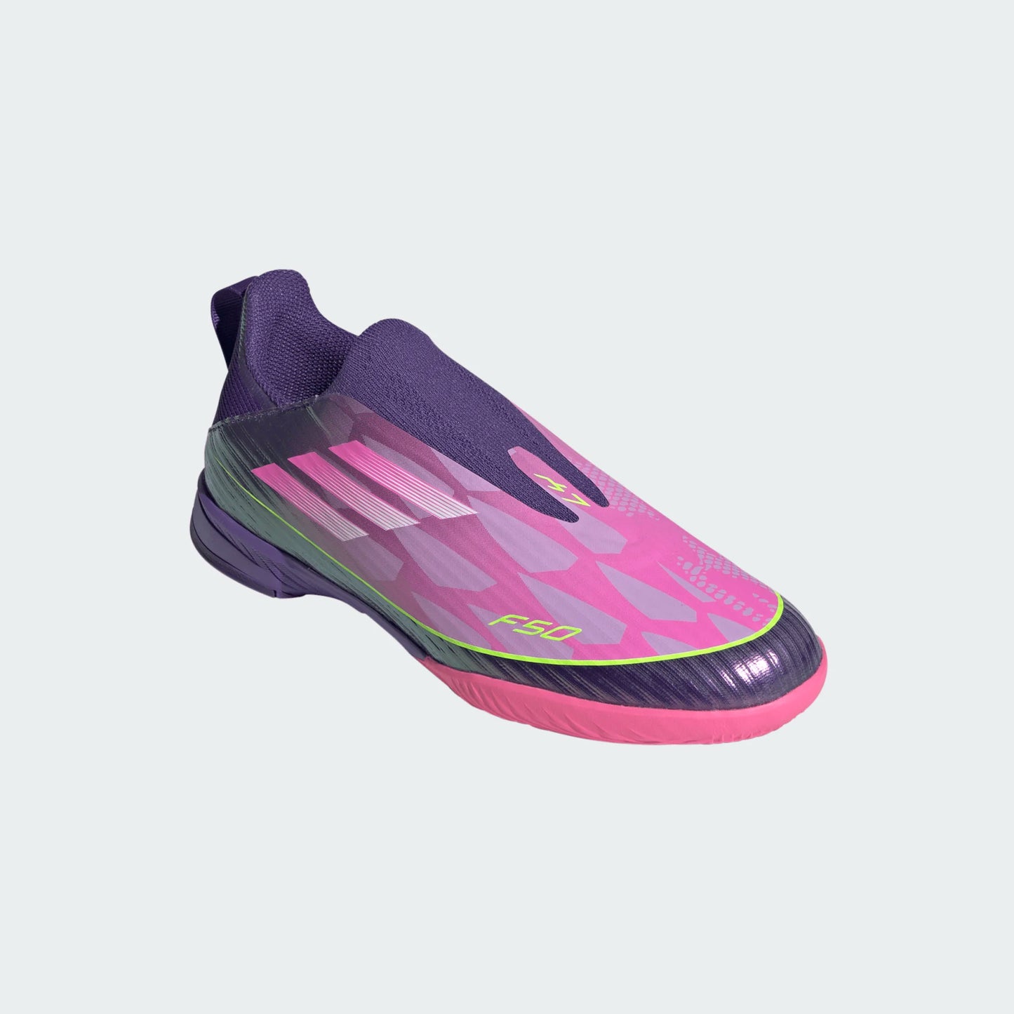 Adidas Junior Lamine Yamal F50 LL Laceless Leagie IN Indoor Soccer Shoe - University Purple/Cloud White/Lucid Lemon