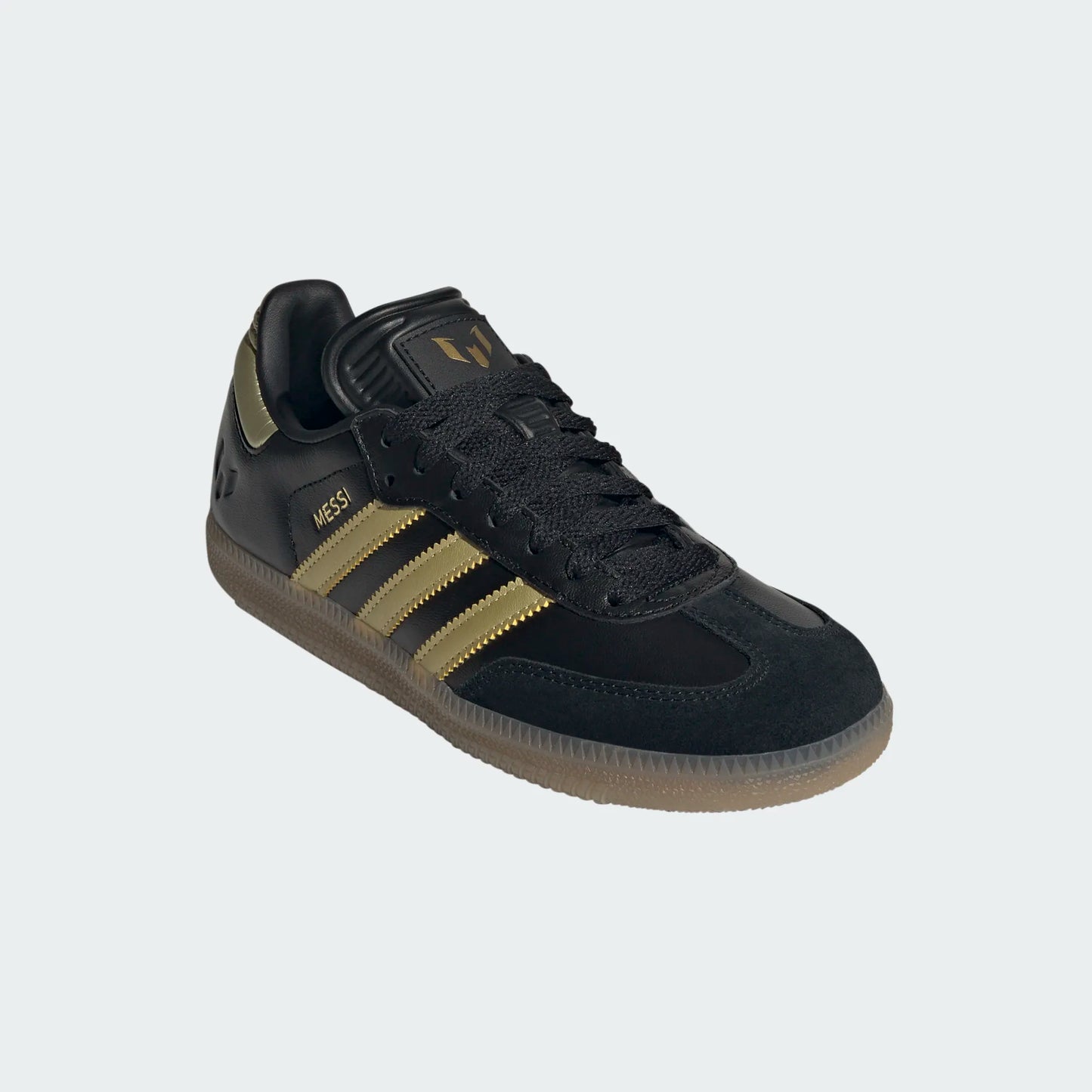 Adidas Junior Samba Messi Indoor Soccer Shoe - Carbon Black/Gold Metallic/Gum