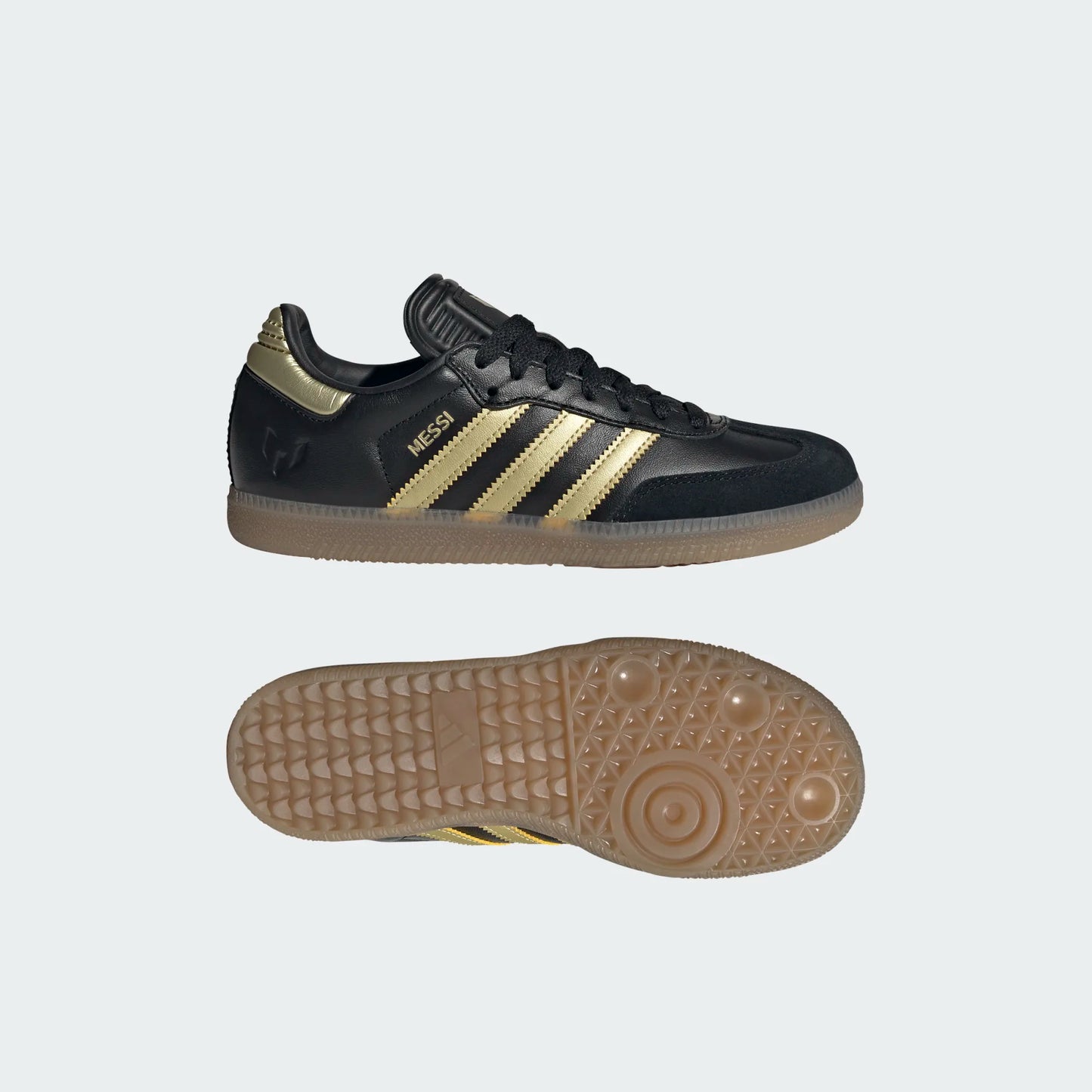 Adidas Junior Samba Messi Indoor Soccer Shoe - Carbon Black/Gold Metallic/Gum