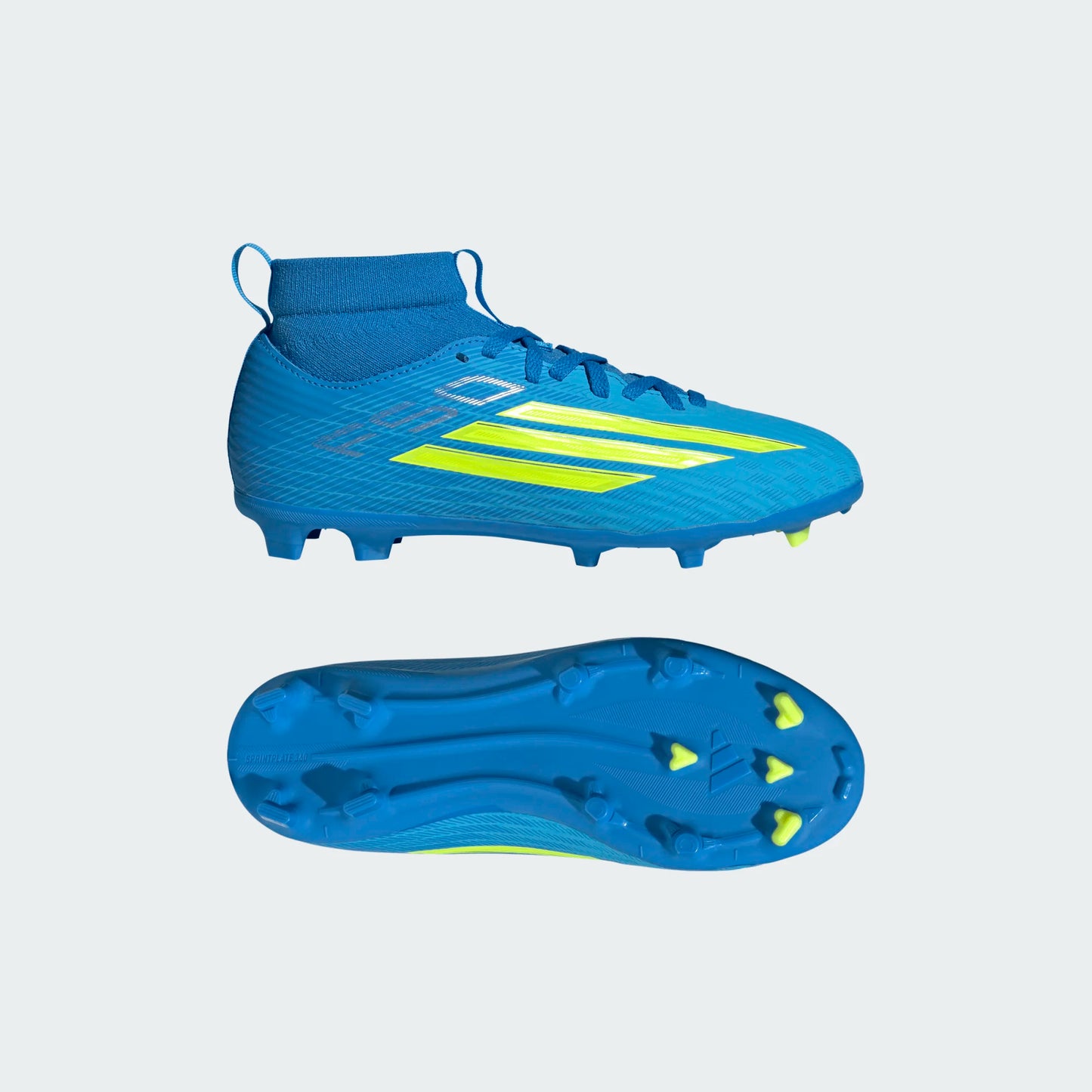 Adidas Junior F50 Mid League FG Firm Ground Soccer Cleat - Lucid Ray Blue/Team Solar Yellow 2/Lucid Aquamarine