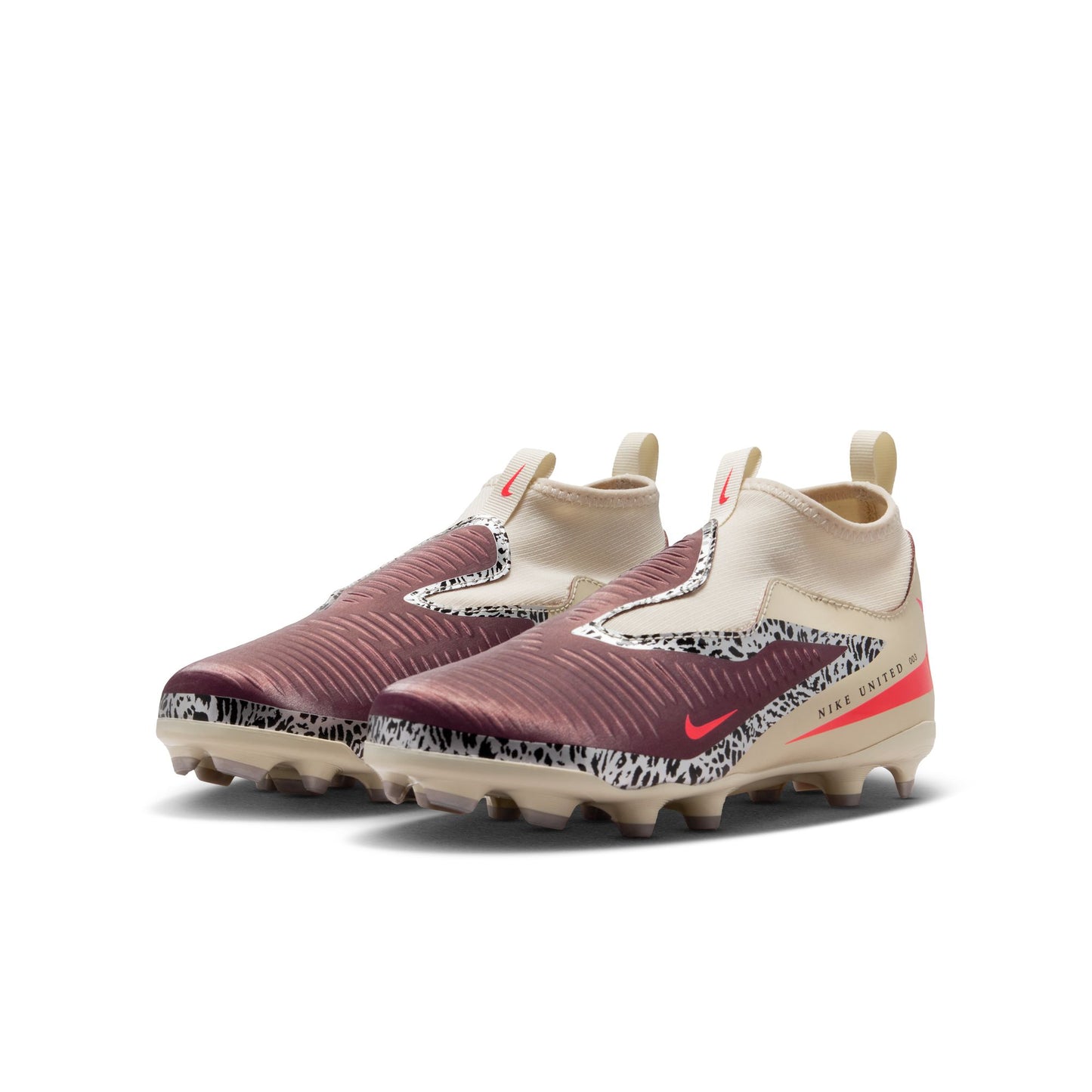 Nike United Junior Phantom 6 High Academy FG Firm Ground Soccer Cleats - Burgundy Crush/University Red-Fossil