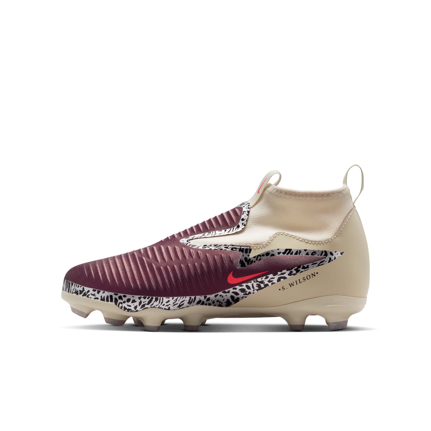 Nike United Junior Phantom 6 High Academy FG Firm Ground Soccer Cleats - Burgundy Crush/University Red-Fossil