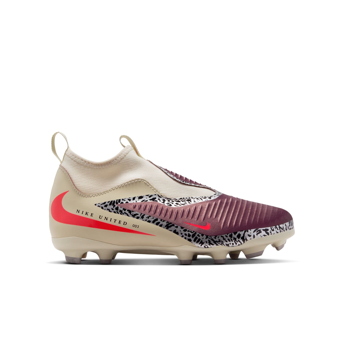 Nike United Junior Phantom 6 High Academy FG Firm Ground Soccer Cleats - Burgundy Crush/University Red-Fossil