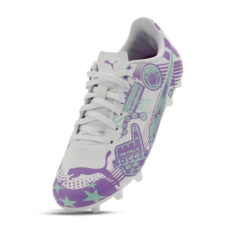 Puma Junior Ultra Christian Pulisic Legacy FG/AG Firm Ground Soccer Cleat - White/Purple Glimmer/Mint Jelly