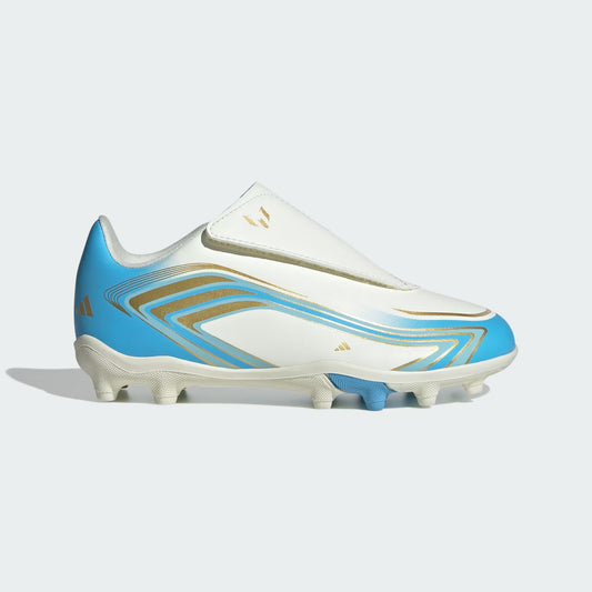 Adidas Junior F50 Messi Club Velcro FG/MG Firm Ground Soccer Cleats - Ivory/Semi Blue Burst/Icey Blue