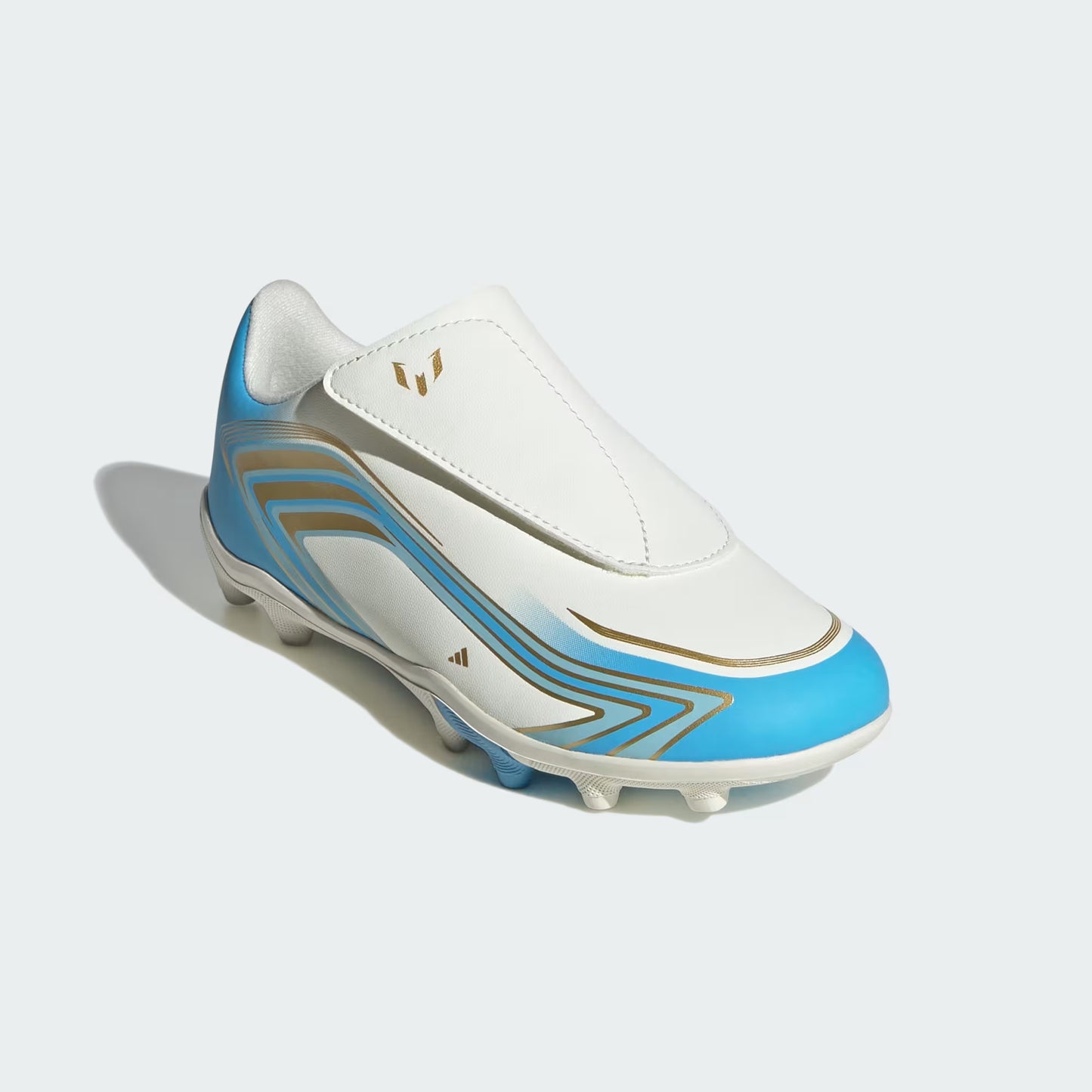 Adidas Junior F50 Messi Club Velcro FG/MG Firm Ground Soccer Cleats - Ivory/Semi Blue Burst/Icey Blue