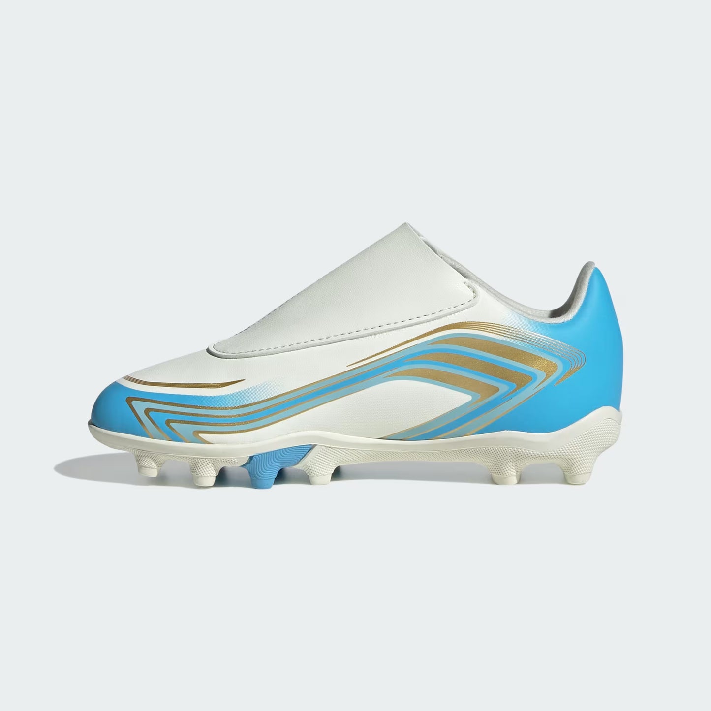 Adidas Junior F50 Messi Club Velcro FG/MG Firm Ground Soccer Cleats - Ivory/Semi Blue Burst/Icey Blue