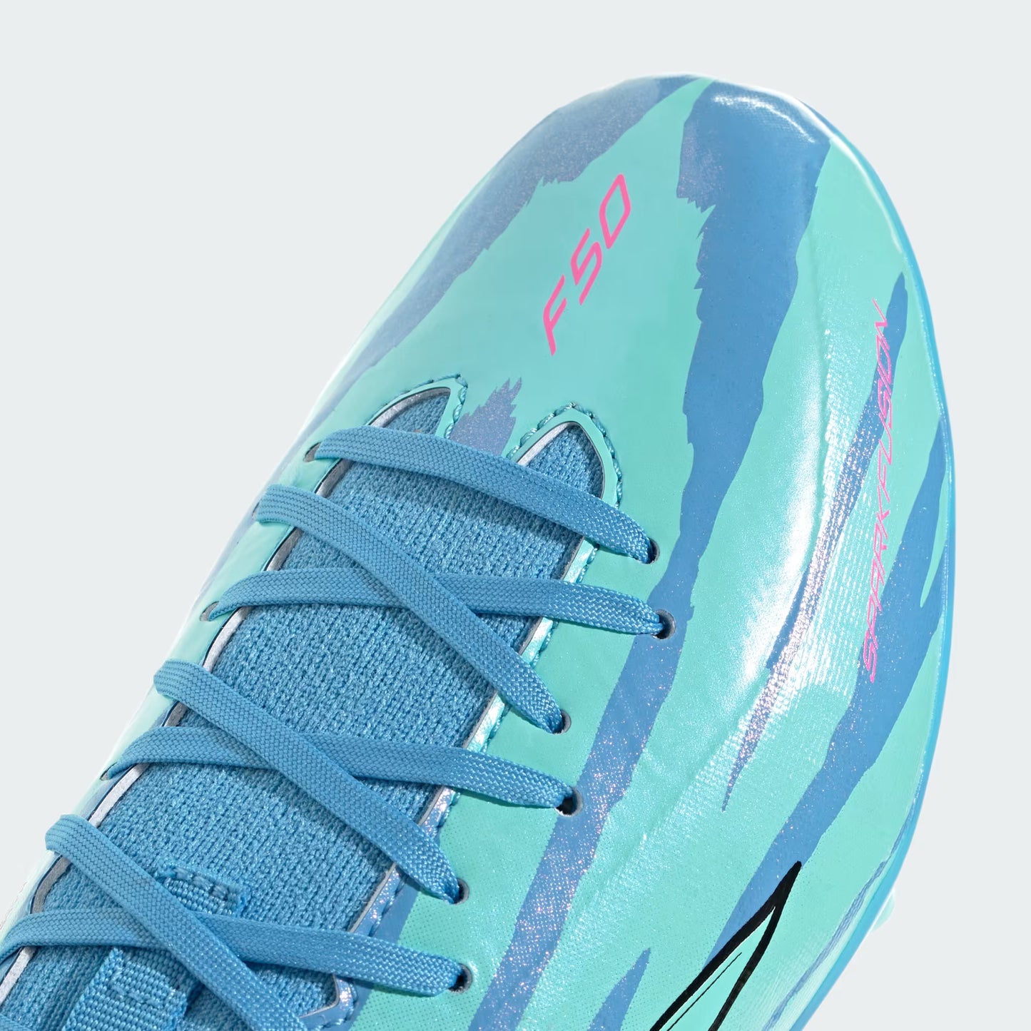 Adidas Junior Trinity Rodman F50 Sparkfusion League FG/AG Firm Ground Soccer Cleat - Semi Blue Burst/Cloud White/Lucid Pink