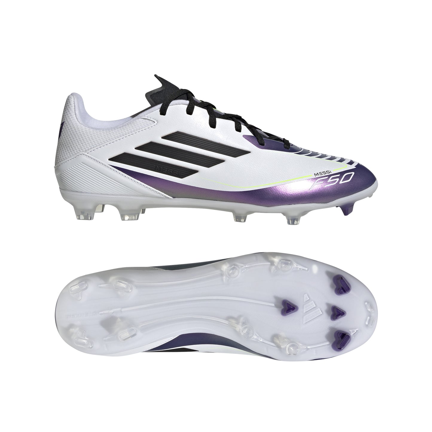 Adidas Messi F50 League FG Firm Ground Soccer Cleat -  White/Core Black/Unity Purple