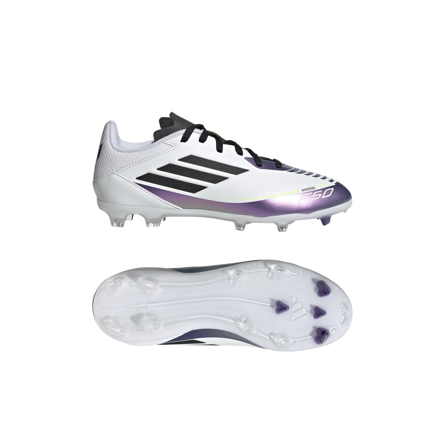 Adidas Junior Messi F50 League FG/MG Firm Ground Soccer Cleat - White/Cloud Black/Unity Purple