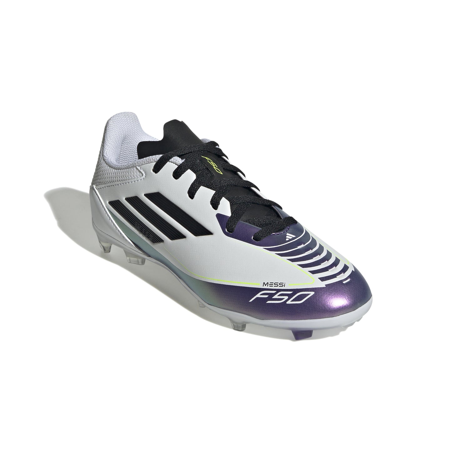 Adidas Junior Messi F50 League FG/MG Firm Ground Soccer Cleat - White/Cloud Black/Unity Purple