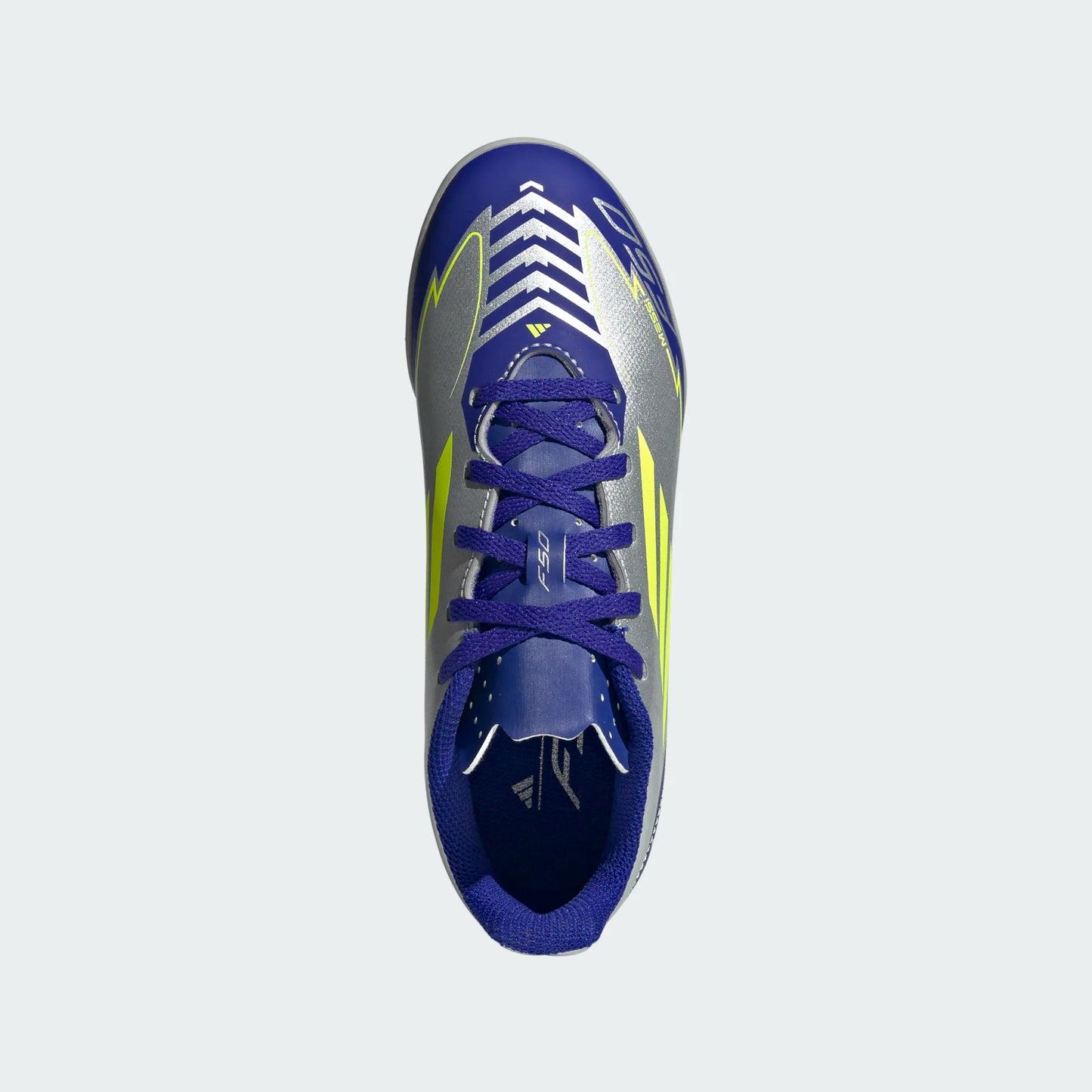 Adidas Junior Messi F50 Club TF Turf Soccer Cleat - Metallic Silver/Solar Yellow/Lucid Blue