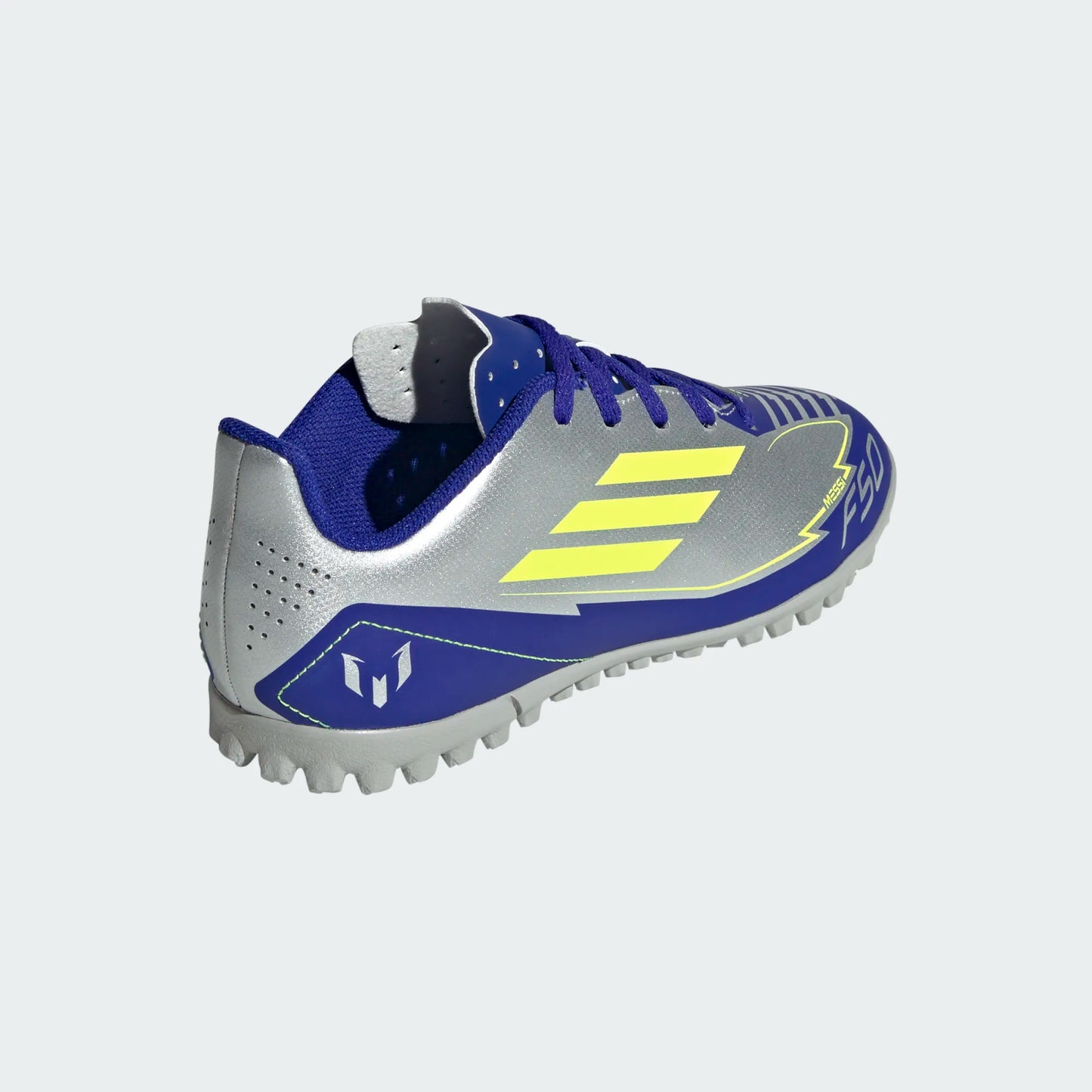 Adidas Junior Messi F50 Club TF Turf Soccer Cleat - Metallic Silver/Solar Yellow/Lucid Blue