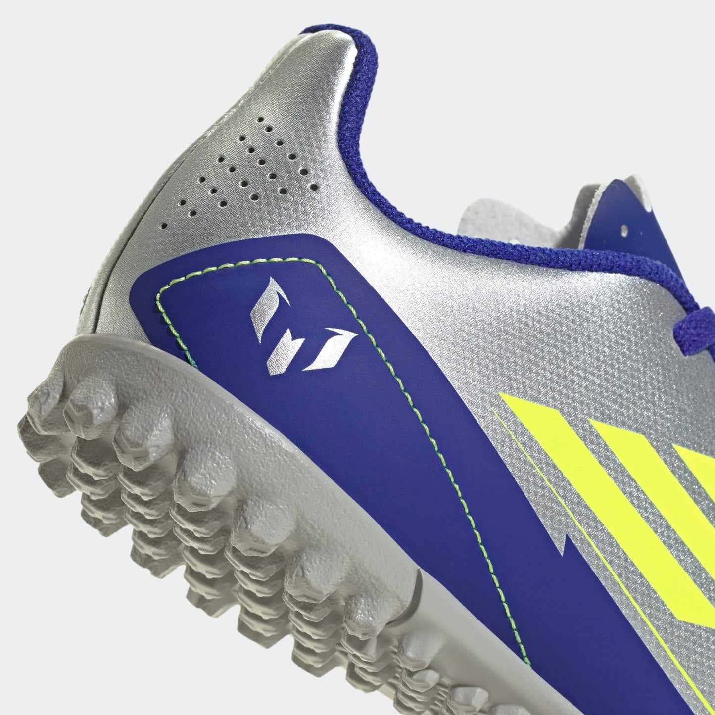 Adidas Junior Messi F50 Club TF Turf Soccer Cleat - Metallic Silver/Solar Yellow/Lucid Blue