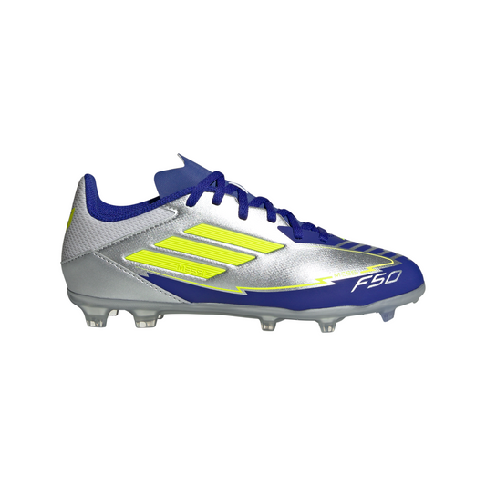 Adidas Junior Messi F50 League FG Firm Ground Soccer Cleat - Silver Metallic/Solar Yellow/Lucid Blue