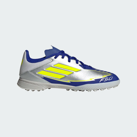 Adidas Junior Messi F50 League TF Turf Soccer Cleat - Metallic Silver/Solar Yellow/Lucid Blue