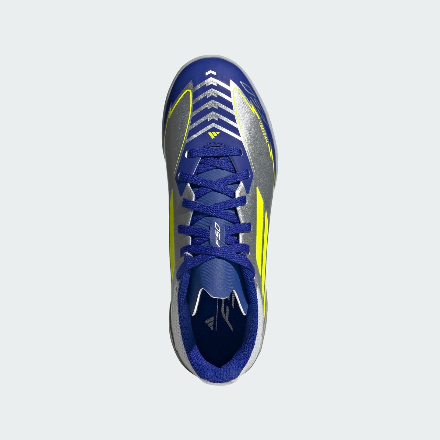 Adidas Junior Messi F50 League TF Turf Soccer Cleat - Metallic Silver/Solar Yellow/Lucid Blue