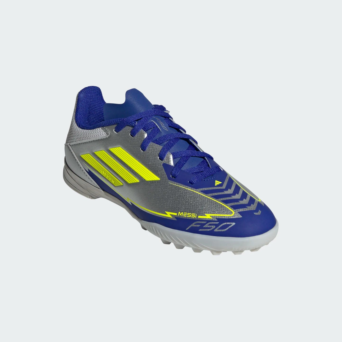 Adidas Junior Messi F50 League TF Turf Soccer Cleat - Metallic Silver/Solar Yellow/Lucid Blue