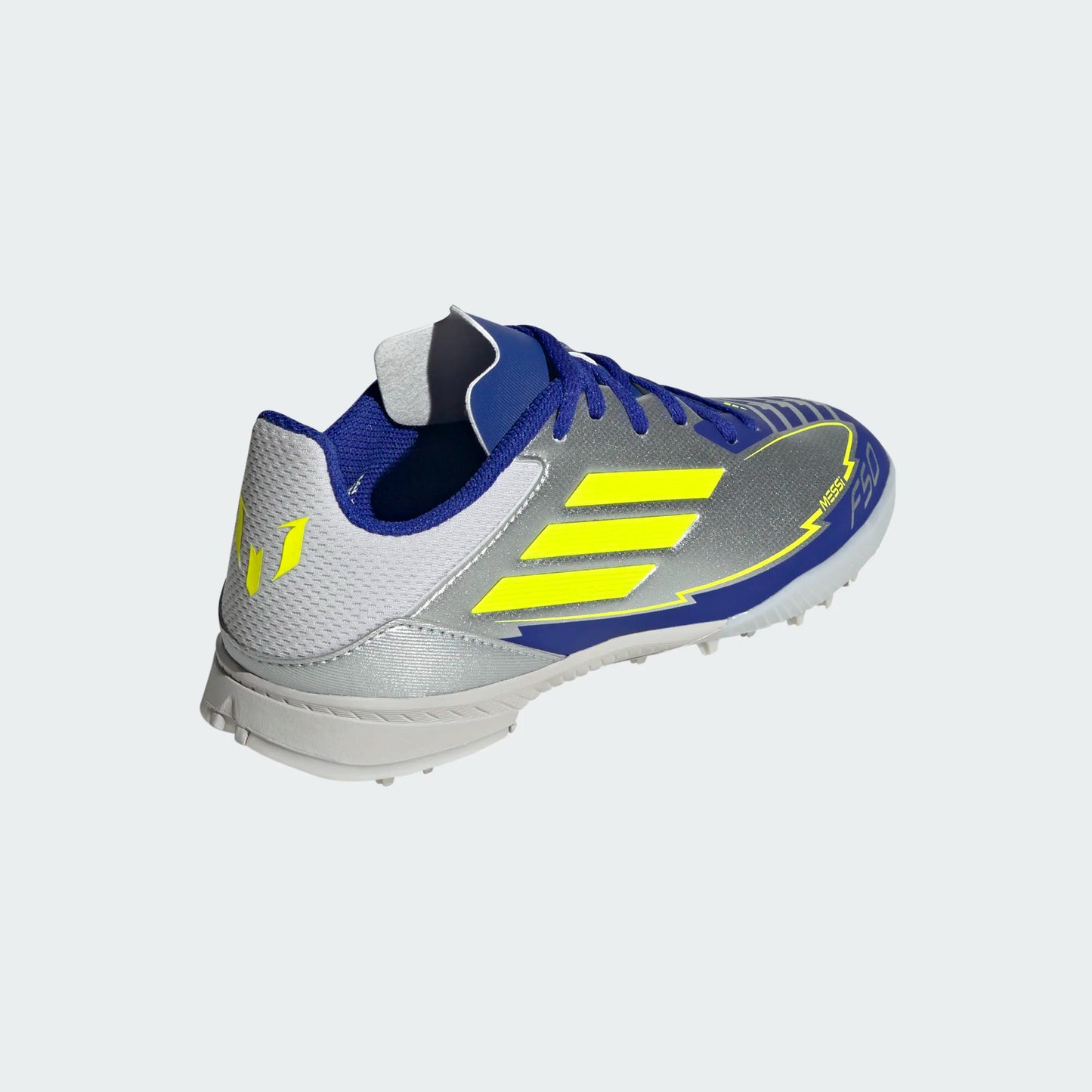 Adidas Junior Messi F50 League TF Turf Soccer Cleat - Metallic Silver/Solar Yellow/Lucid Blue