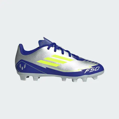 Adidas Junior Messi F50 Club FG Firm Ground Soccer Cleat - Metallic Silver/Solar Yellow/Lucid Blue