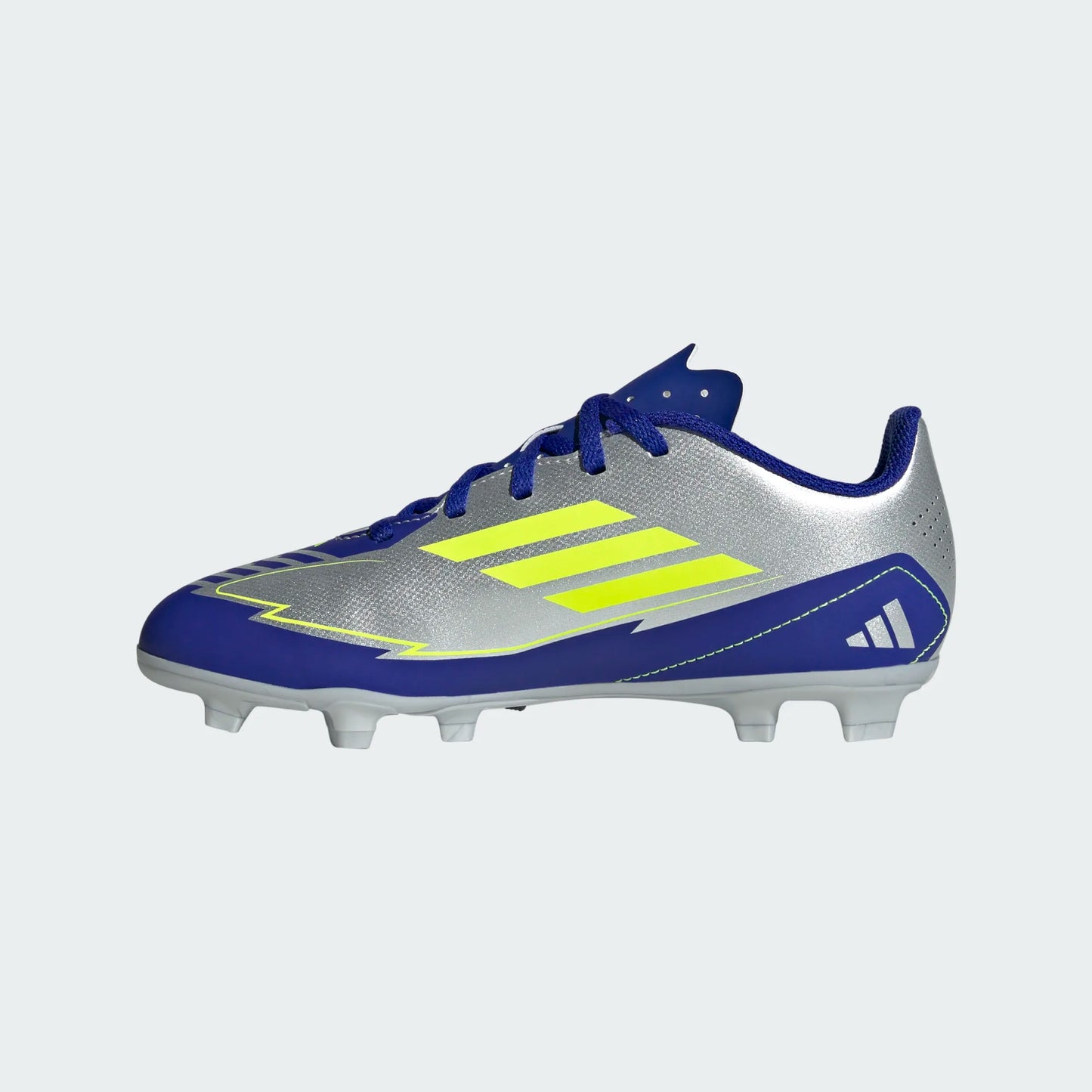 Adidas Junior Messi F50 Club FG Firm Ground Soccer Cleat - Metallic Silver/Solar Yellow/Lucid Blue