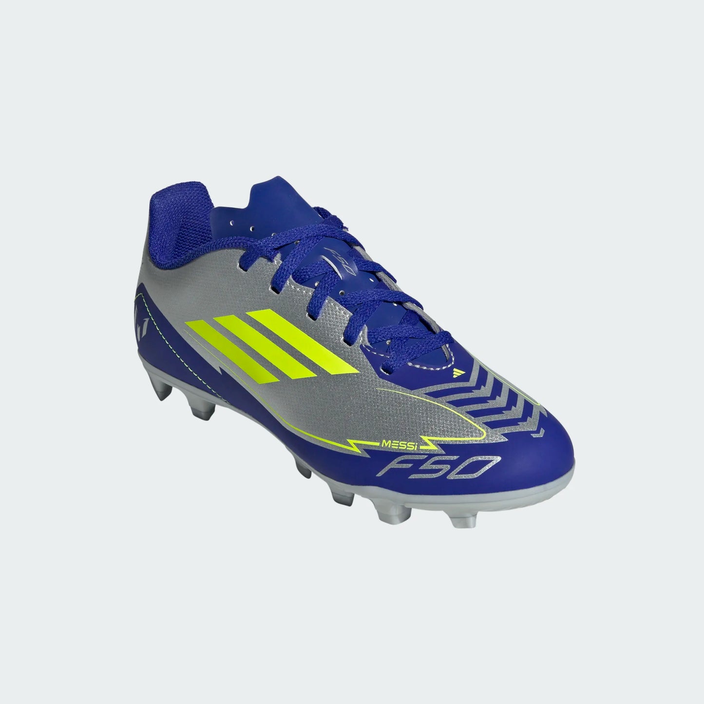 Adidas Junior Messi F50 Club FG Firm Ground Soccer Cleat - Metallic Silver/Solar Yellow/Lucid Blue