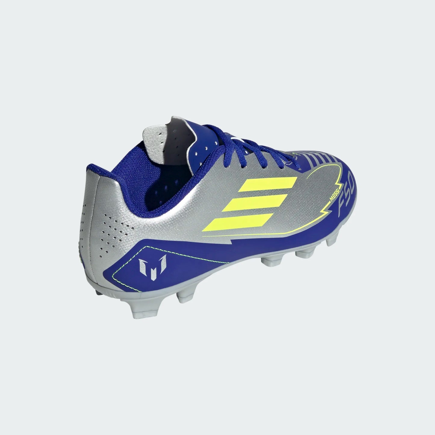 Adidas Junior Messi F50 Club FG Firm Ground Soccer Cleat - Metallic Silver/Solar Yellow/Lucid Blue