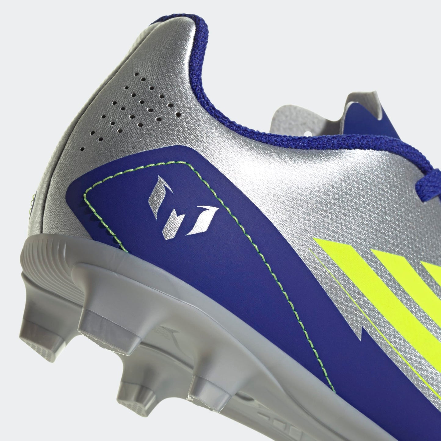 Adidas Junior Messi F50 Club FG Firm Ground Soccer Cleat - Metallic Silver/Solar Yellow/Lucid Blue