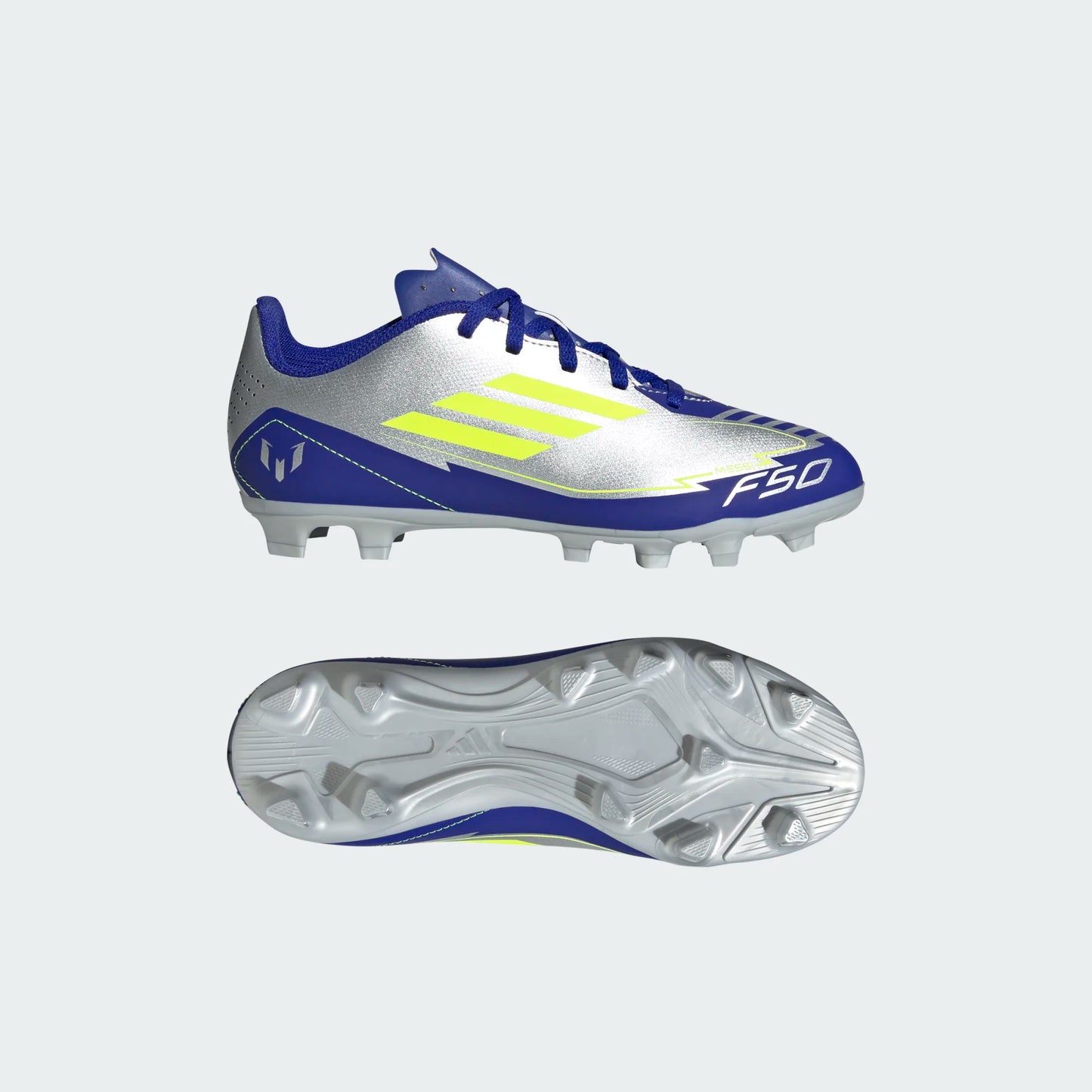 Adidas Junior Messi F50 Club FG Firm Ground Soccer Cleat - Metallic Silver/Solar Yellow/Lucid Blue