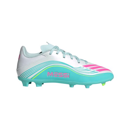 Adidas Junior Messi F50 League FG Firm Ground Soccer Cleat - Cloud White/Lucid Pink/Flash Aqua