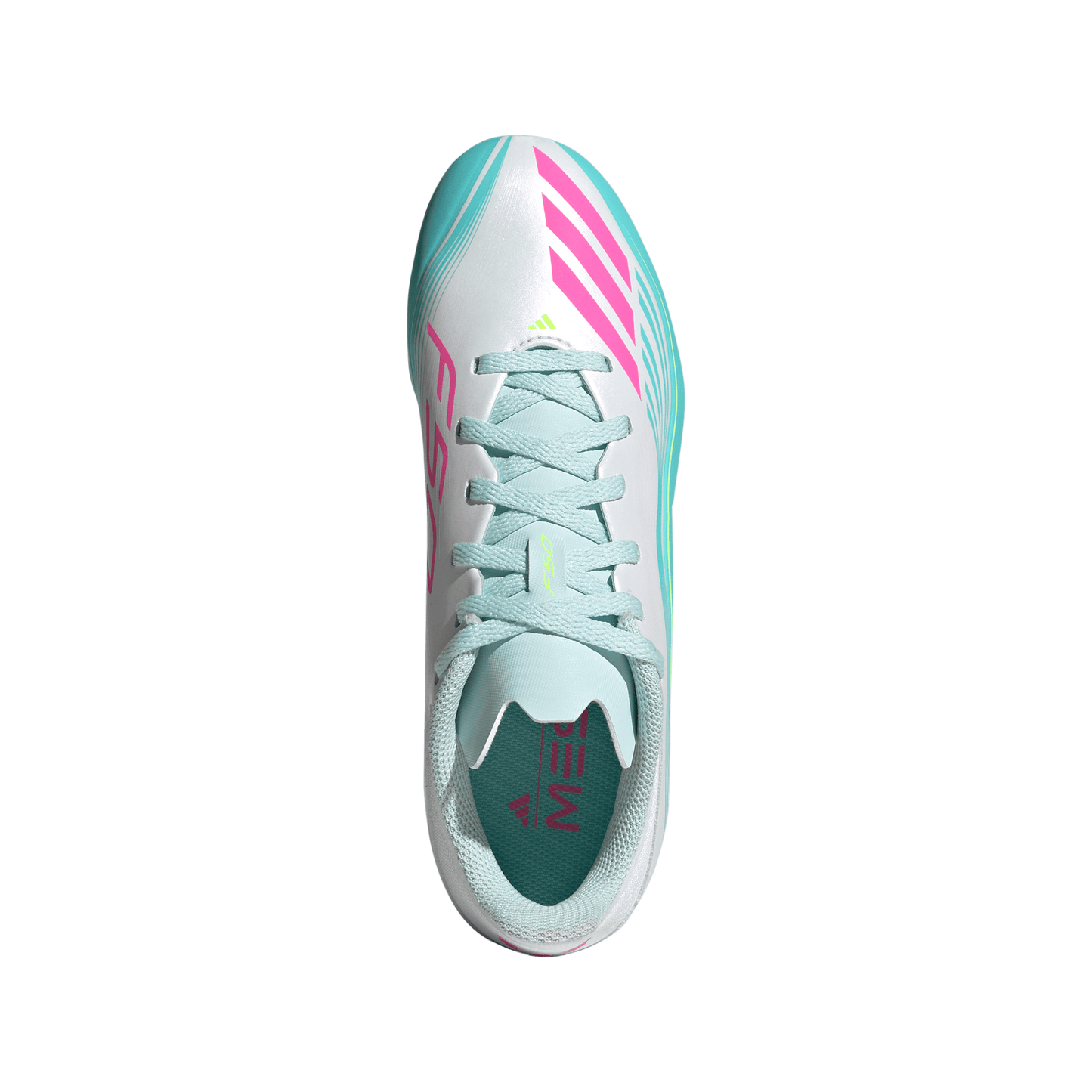 Adidas Junior Messi F50 League FG Firm Ground Soccer Cleat - Cloud White/Lucid Pink/Flash Aqua
