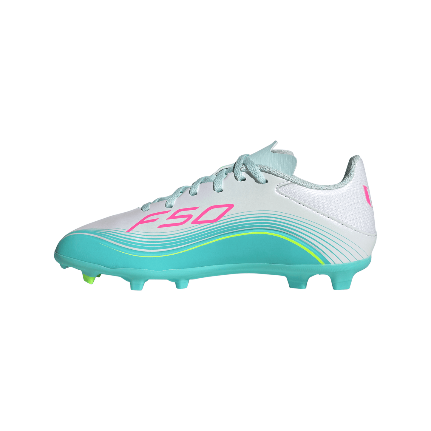 Adidas Junior Messi F50 League FG Firm Ground Soccer Cleat - Cloud White/Lucid Pink/Flash Aqua