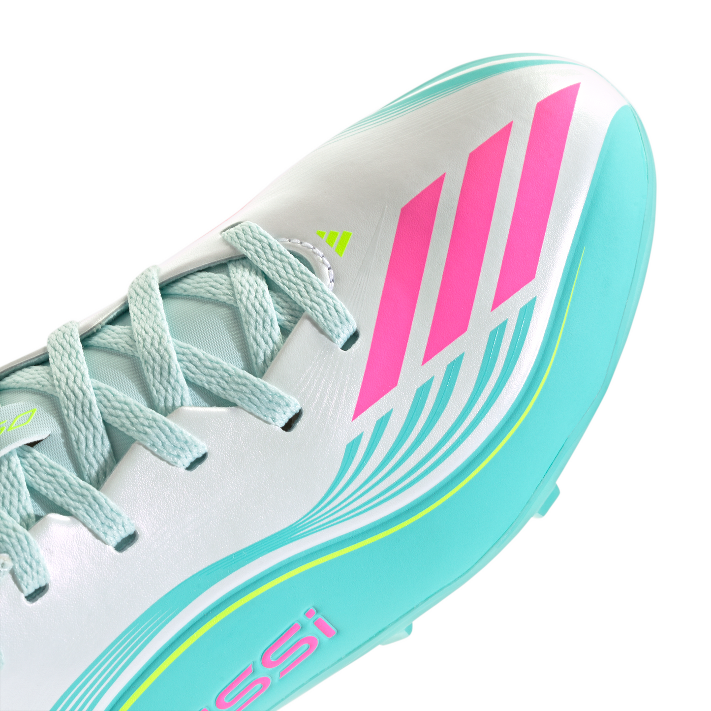 Adidas Junior Messi F50 League FG Firm Ground Soccer Cleat - Cloud White/Lucid Pink/Flash Aqua