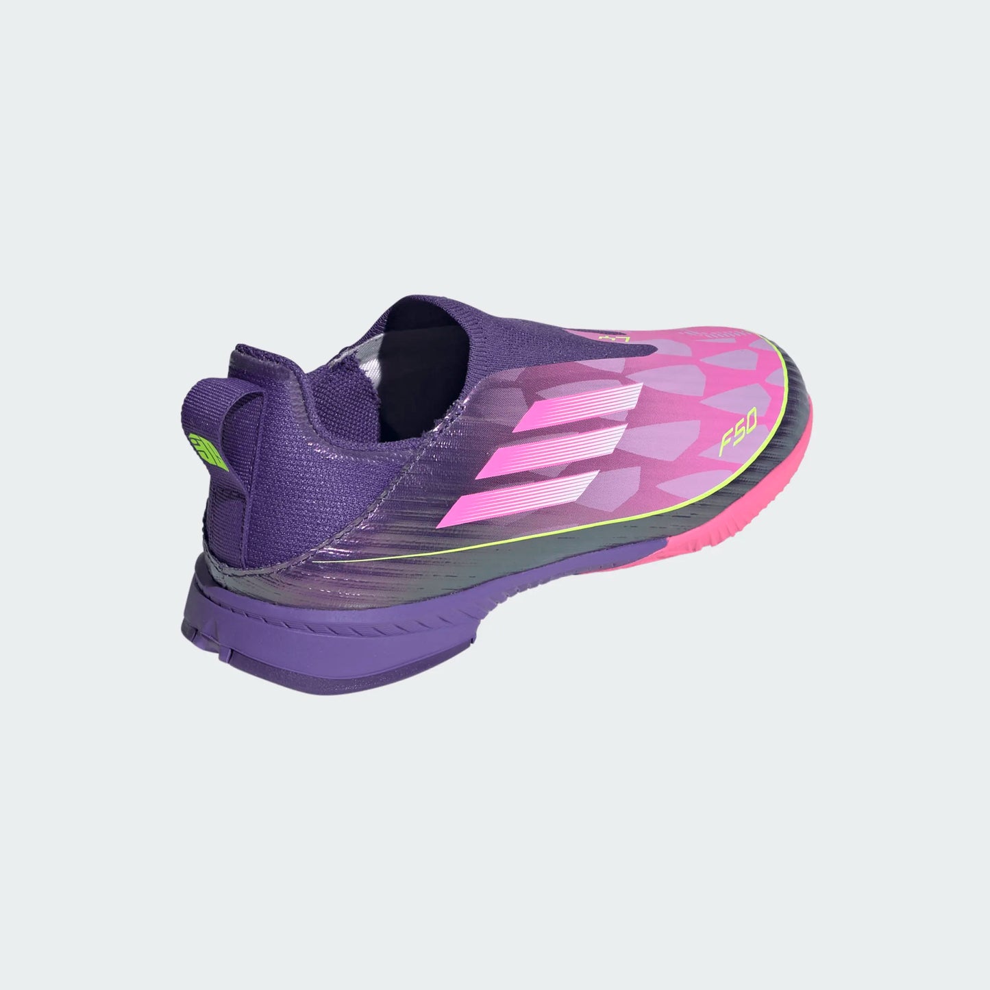 Adidas Junior Lamine Yamal F50 LL Laceless Leagie IN Indoor Soccer Shoe - University Purple/Cloud White/Lucid Lemon